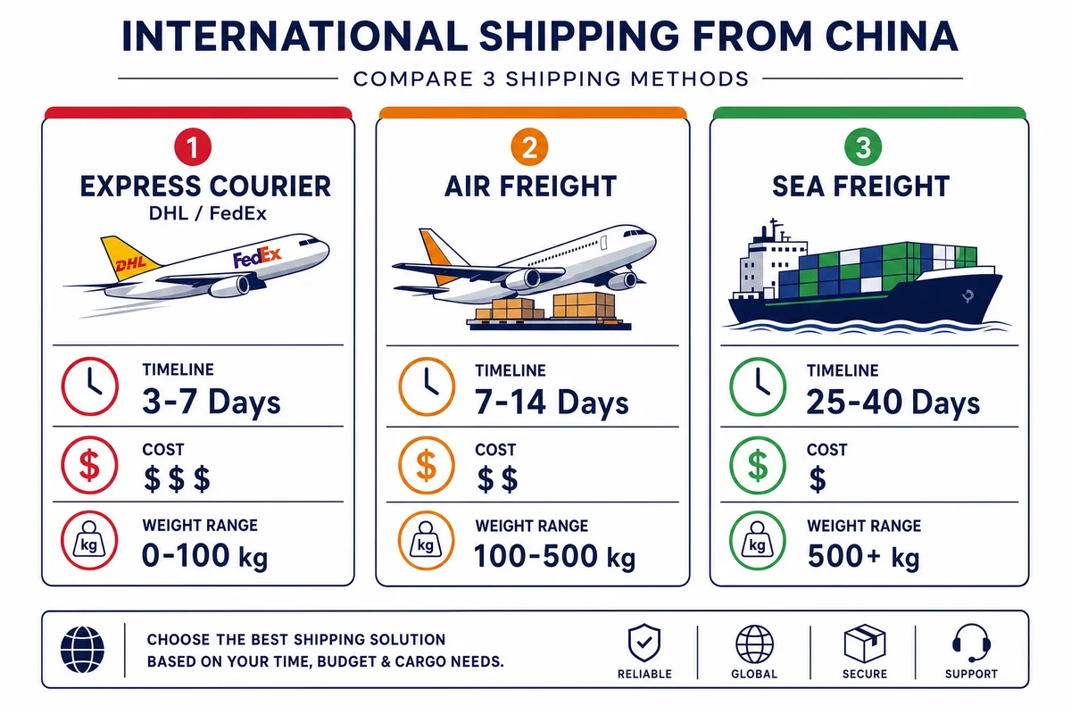 Shipping options comparison for brochure printing from China showing express air freight and sea freight delivery timelines