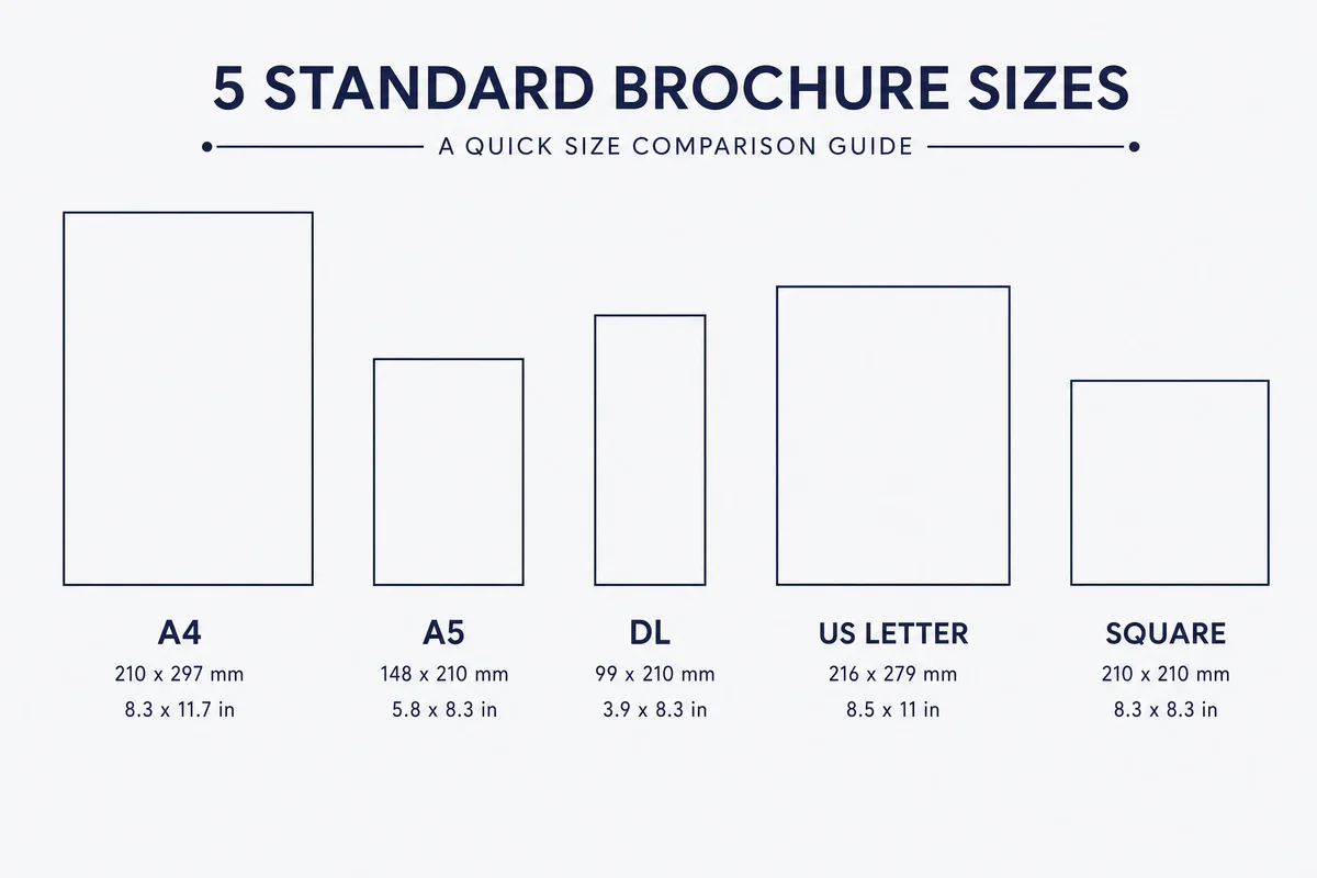 Standard brochure sizes comparison chart showing A4, A5, DL, US Letter, and square format dimensions side by side
