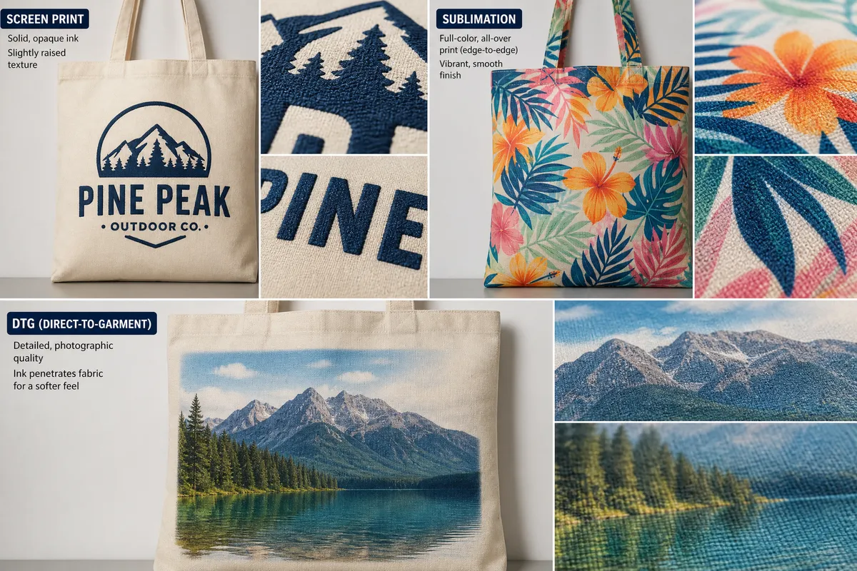 Canvas bag screen printing, heat transfer, sublimation, and DTG methods comparison
