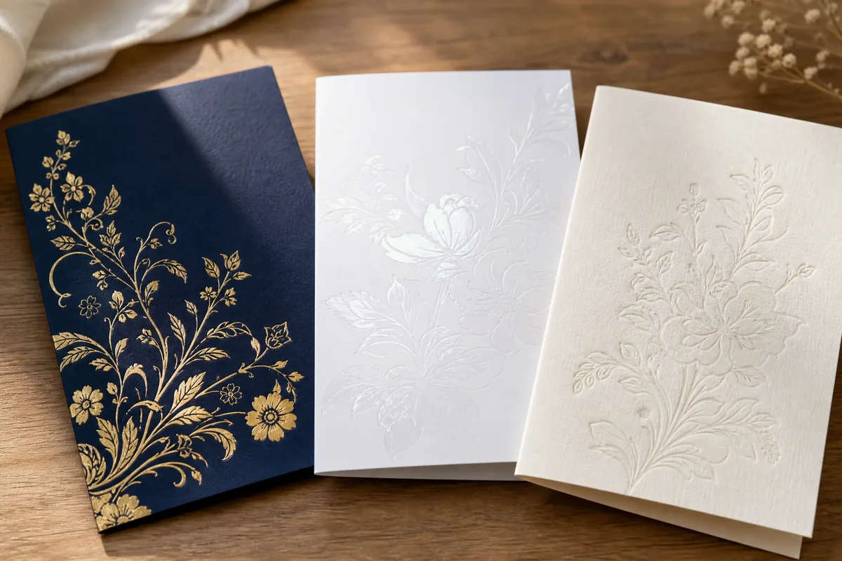 Various custom greeting card printing styles showing foil stamping, matte lamination, and textured paper finishes