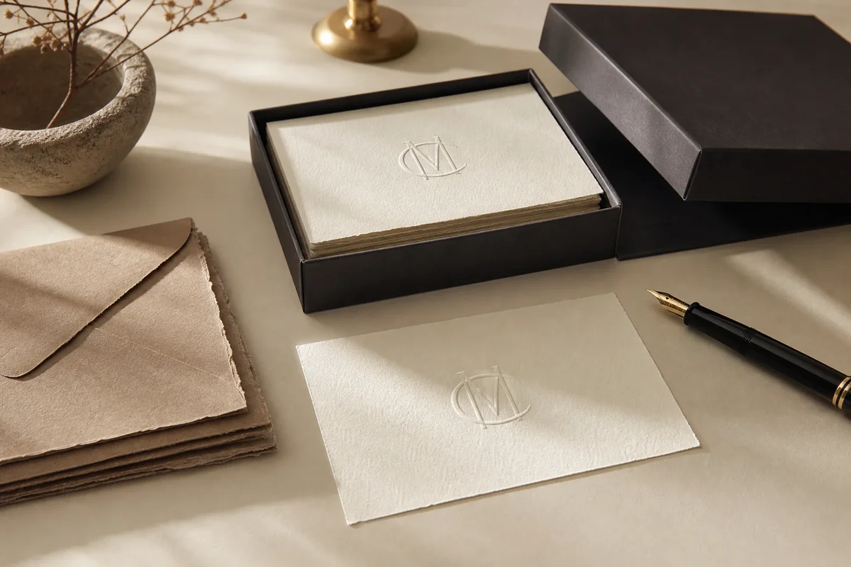 Custom note card printing examples with blind debossing, cotton paper texture, and boxed set packaging