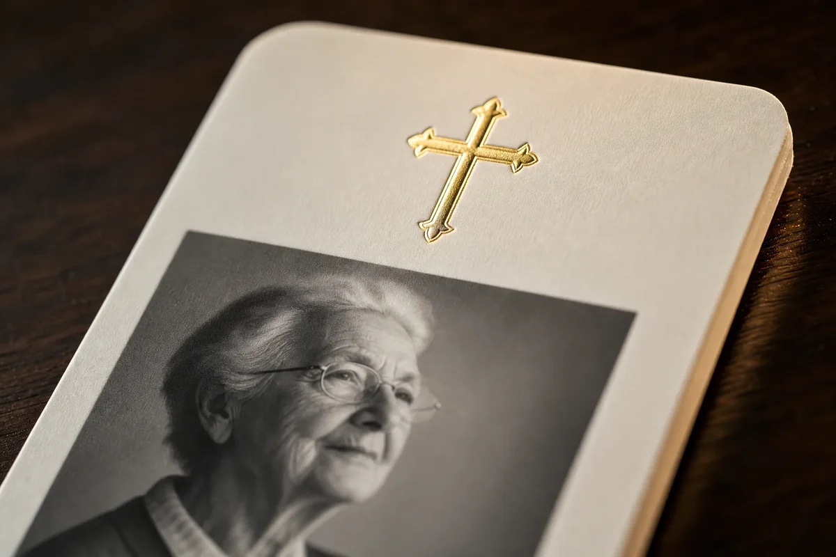 Funeral prayer card printing with soft-touch matte lamination, gold foil cross, and rounded corners on 300gsm stock