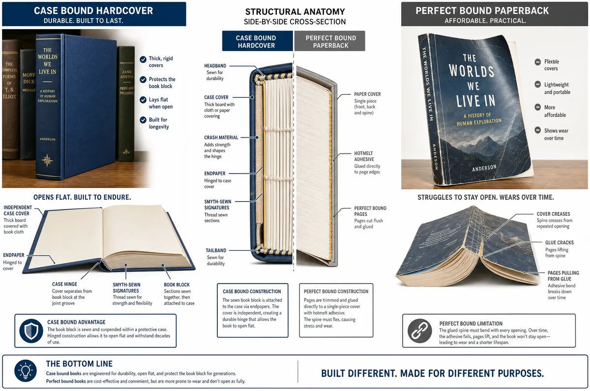 Visual comparison of case bound hardcover and perfect bound paperback books showing structural differences: spine construction, cover durability, shelf presence, and how each book opens