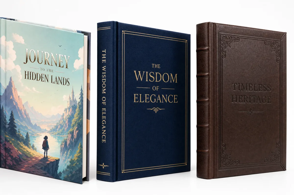 Comparison of three case bound book cover materials: printed paper over board with matte lamination, navy book cloth with gold foil stamping, and brown genuine leather with blind embossing