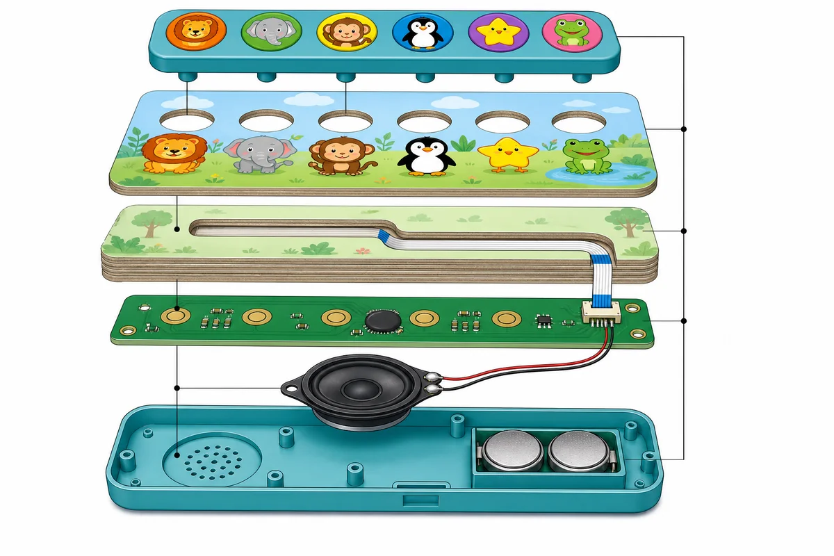 Sound book module with PCB, speaker, and button sensors