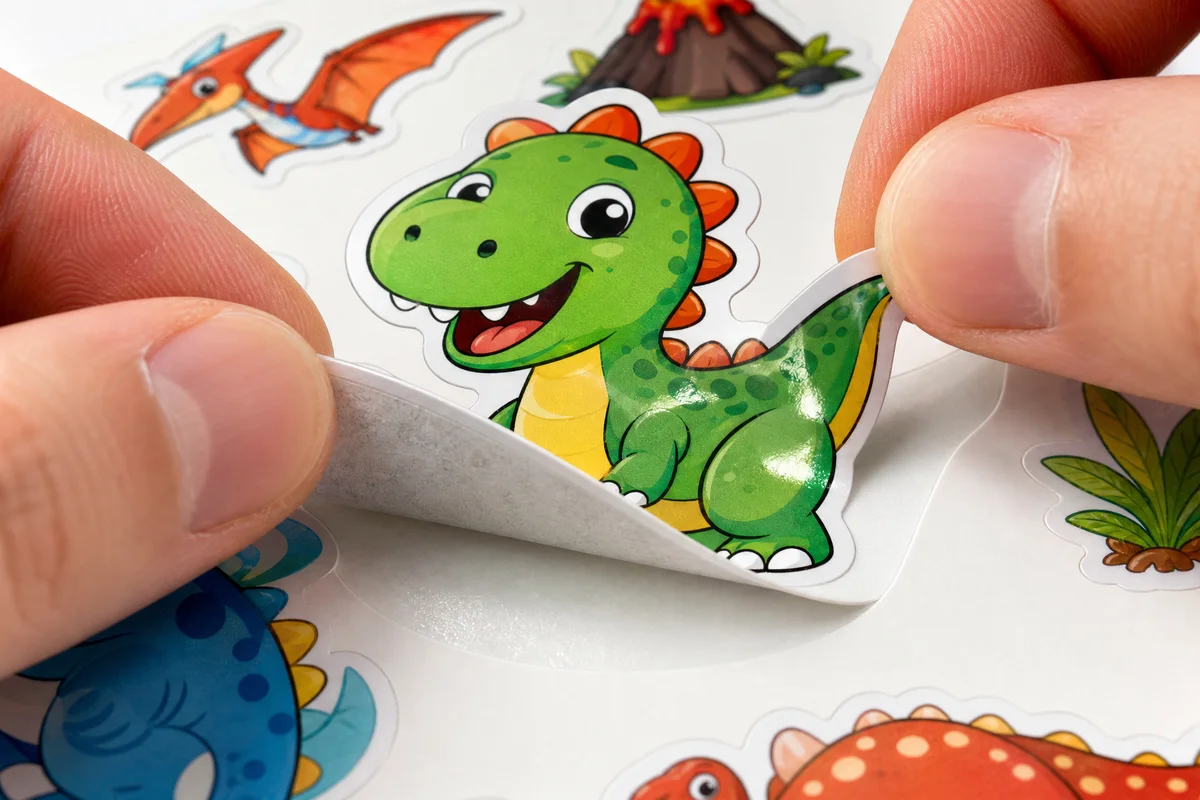 Child peeling a repositionable sticker from a custom sticker book
