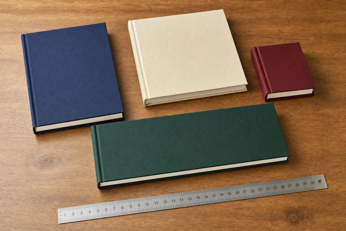 Books in various custom trim sizes laid across a table: standard rectangular, square, wide landscape, and compact mini formats