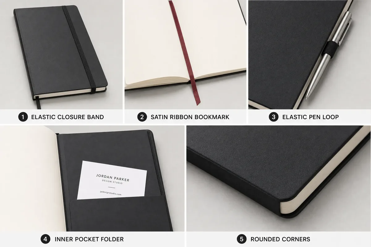 Custom notebook accessories including elastic band, ribbon bookmark, pen loop, pocket folder, and rounded corners