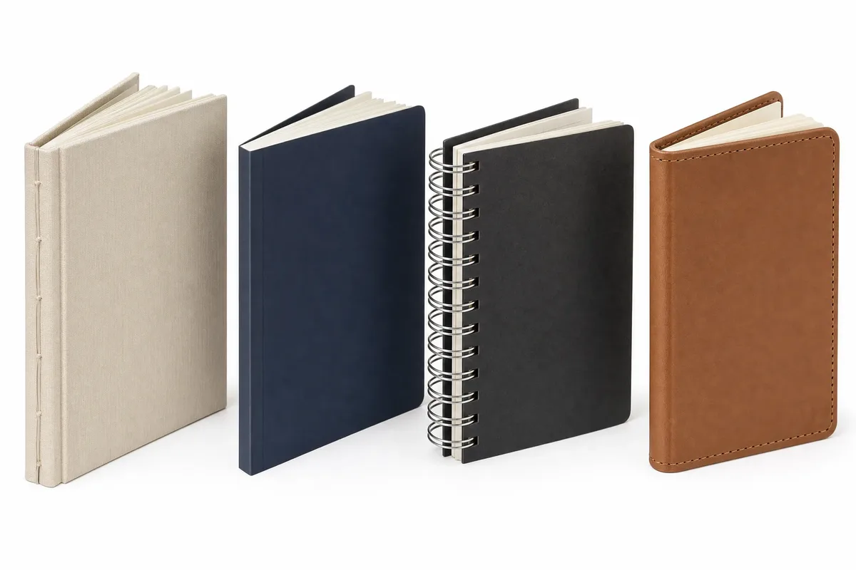 Comparison of hardcover, softcover, spiral binding, and leather notebook binding types for custom printing projects