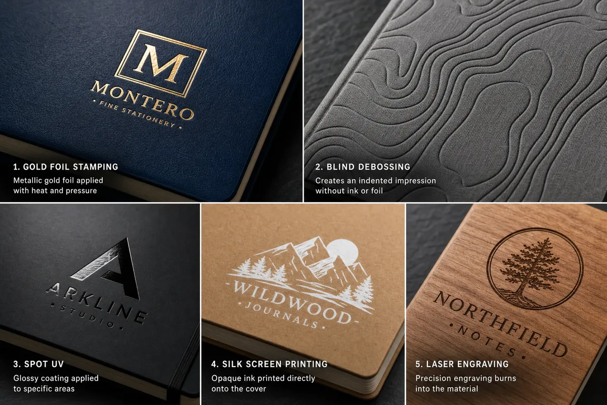 Overview of notebook cover customization techniques including debossing, foil stamping, spot UV, screen printing, and laser engraving