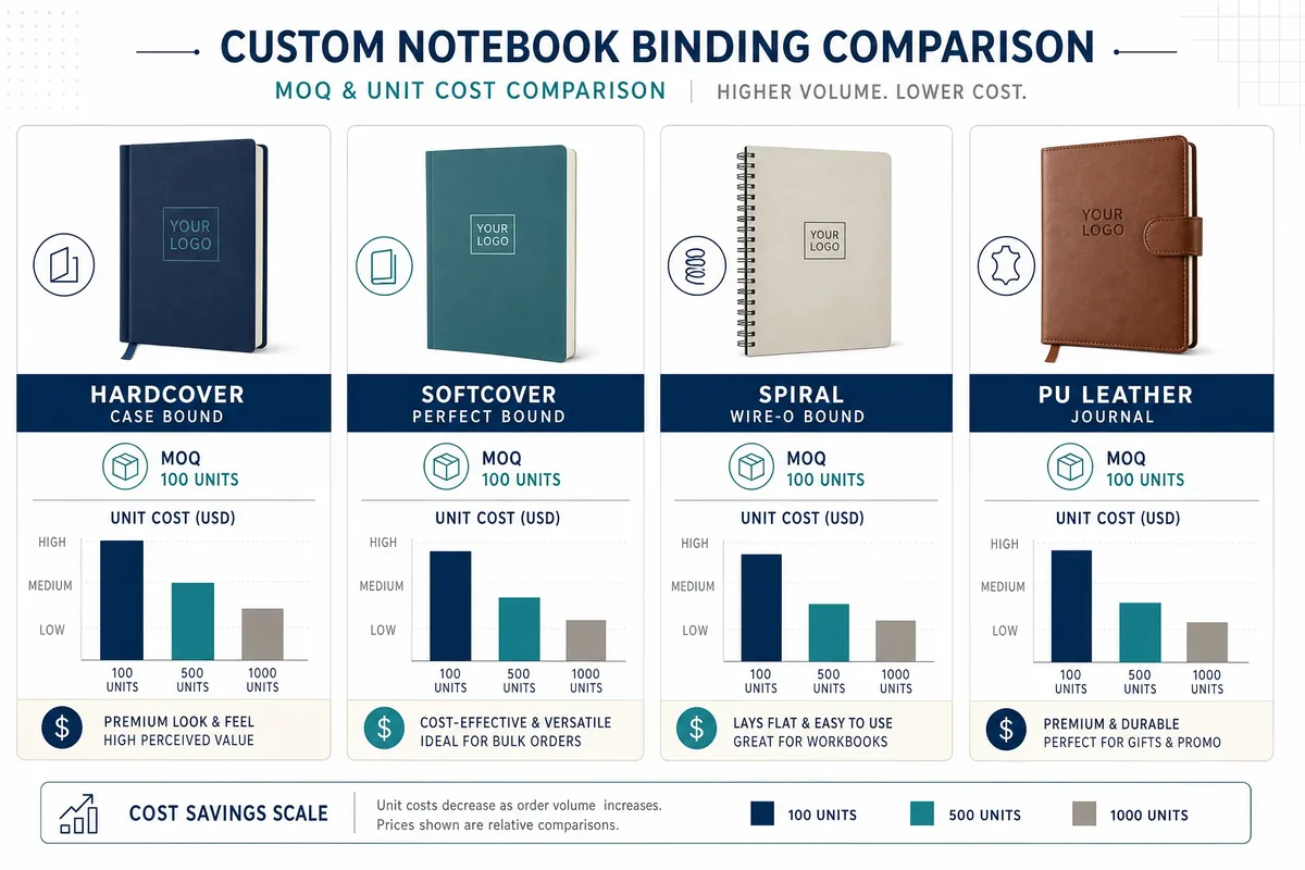MOQ and cost comparison chart for different notebook binding types from Chinese manufacturers