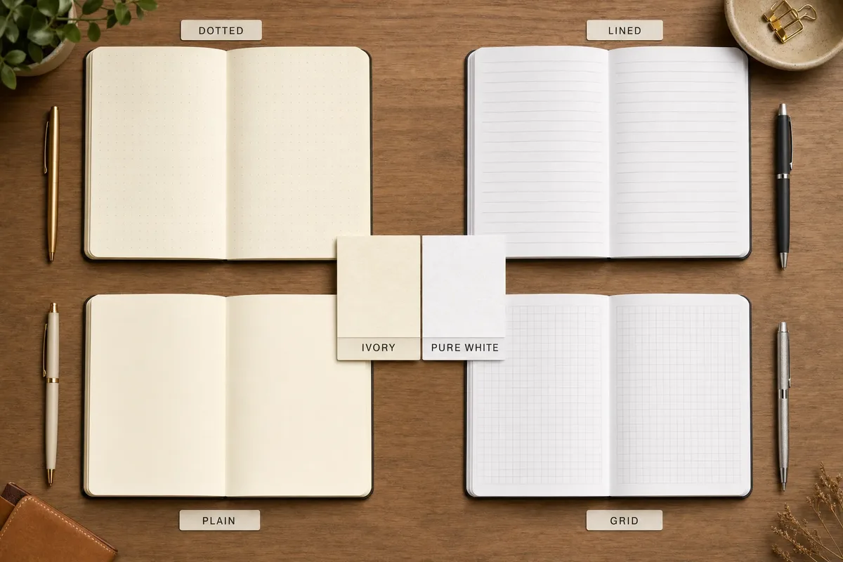 Comparison of dotted, lined, blank, and grid notebook inner page layouts with paper type recommendations