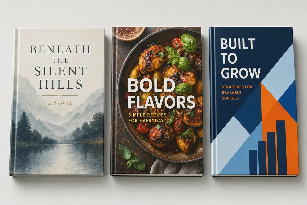 Professional book cover design examples for various genres and formats