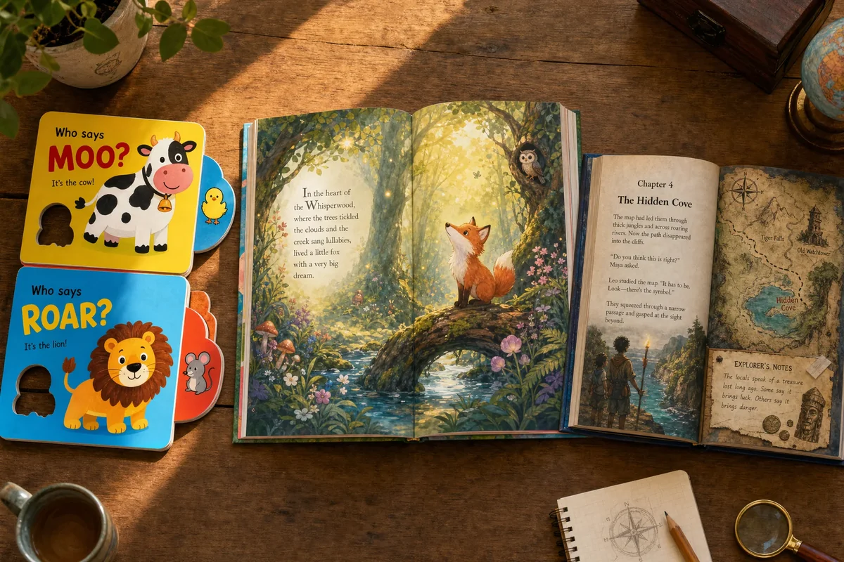 Colorful children's book interior spreads designed for different age groups