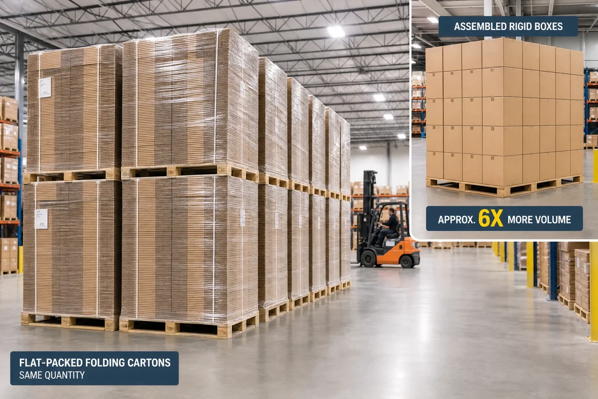 Flat-packed folding carton boxes stacked on shipping pallets in warehouse showing space efficiency compared to assembled rigid boxes