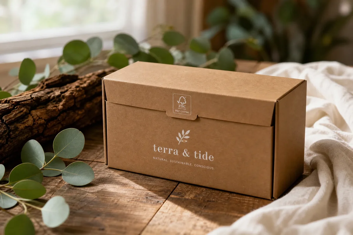 FSC-certified custom kraft box printing with natural brown finish and minimalist brand design for eco-friendly product packaging