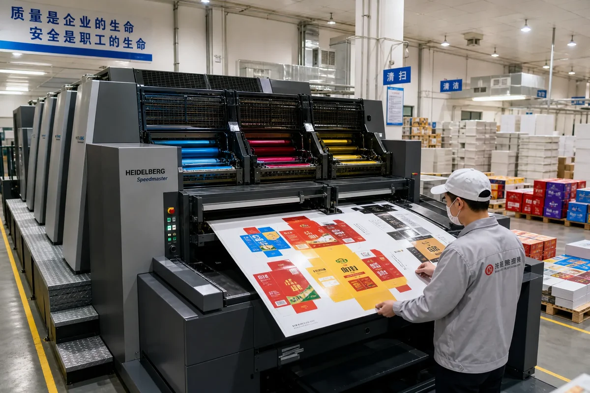 Offset printing press producing folding carton packaging with CMYK color sheets and die-cut finished boxes on production line
