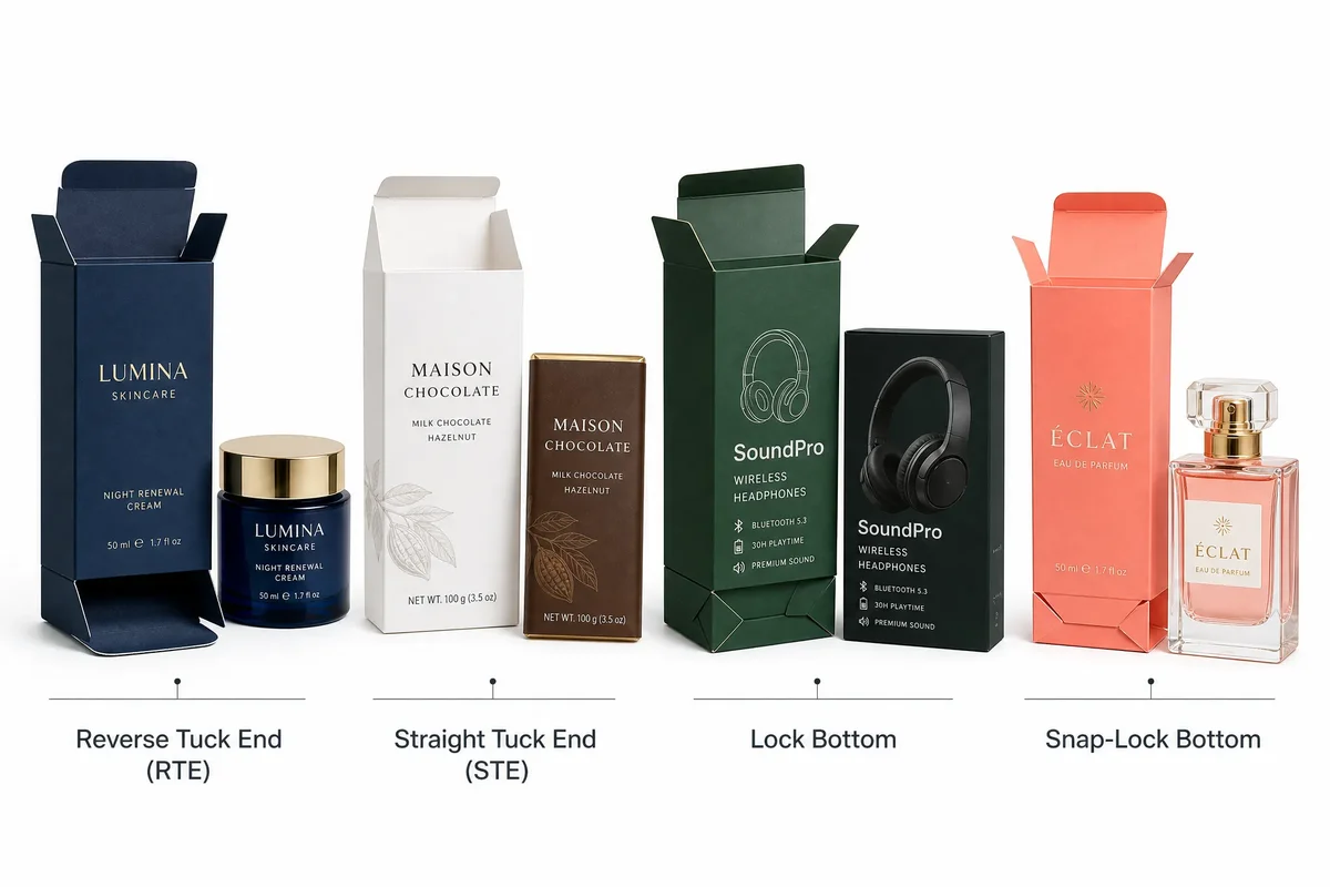 Comparison of folding carton box styles — reverse tuck end, straight tuck end, lock bottom, and snap-lock bottom with product examples