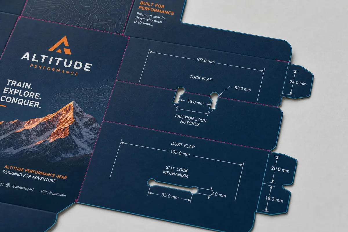 Close-up of tuck box dust flap and tuck flap design showing friction lock and slit lock mechanisms on a printed dieline