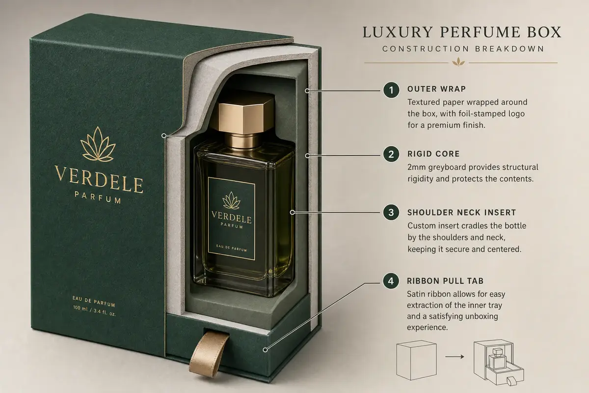 Cross-section of a luxury perfume box showing shoulder neck insert, rigid greyboard core, and specialty paper wrap with foil stamping