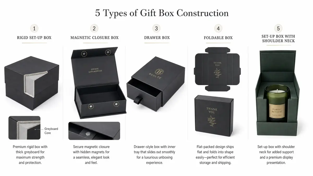 Comparison of five luxury gift box construction types: rigid box, magnetic closure box, drawer box, foldable box, and set-up box with shoulder neck