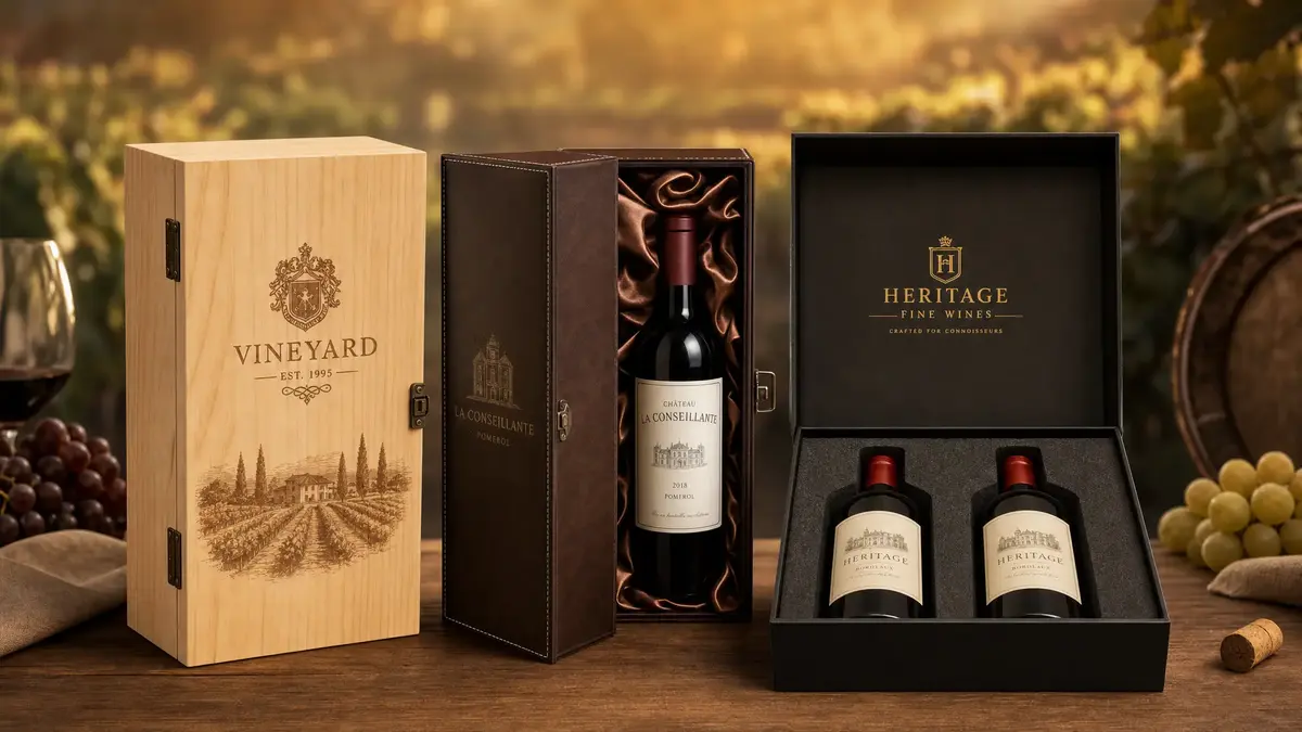 Collection of luxury wine gift boxes in wood, PU leather, and rigid paper with single and double-bottle configurations