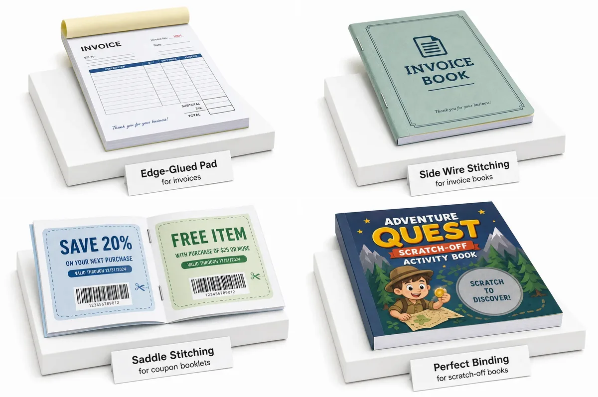 Four binding methods for invoice, coupon, and scratch-off books: edge-glued pad, side wire stitching, saddle stitching, and perfect binding