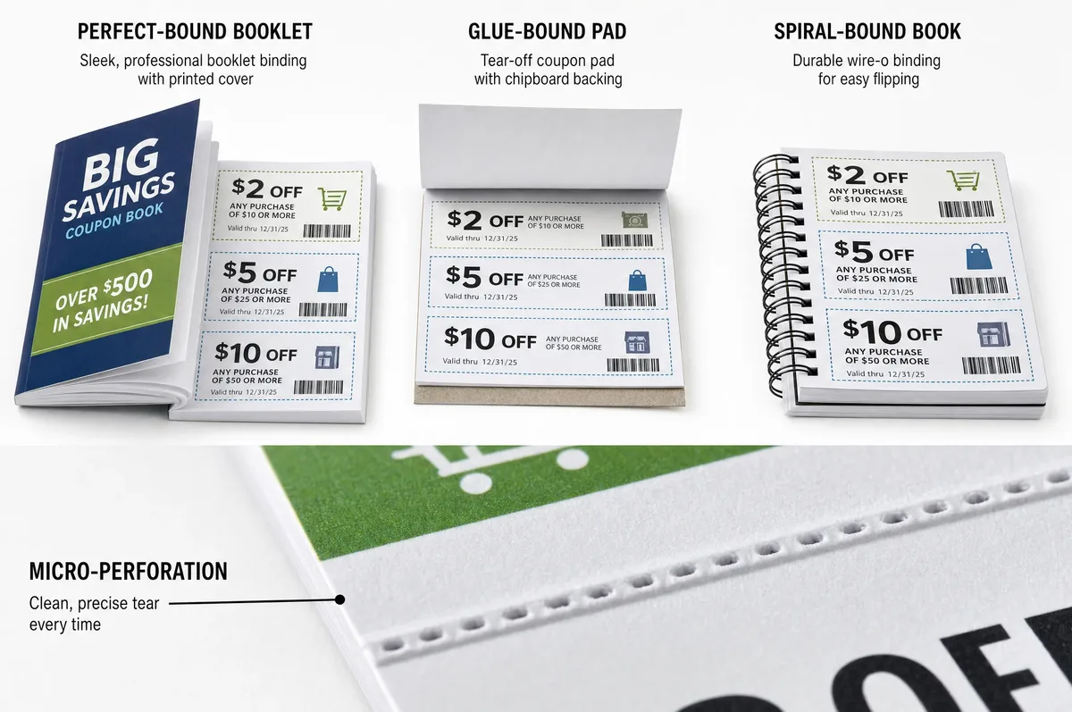 Coupon book styles comparison showing perfect-bound booklet, glue-bound pad, spiral-bound, and perforation detail close-up