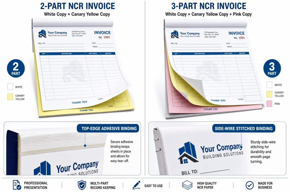 Comparison of 2-part and 3-part NCR carbonless invoice books showing white-canary-pink color sequence and adhesive binding edges