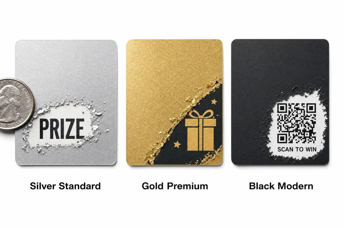 Three scratch-off coating types side by side: silver metallic, gold metallic, and black coating with partial scratch reveal