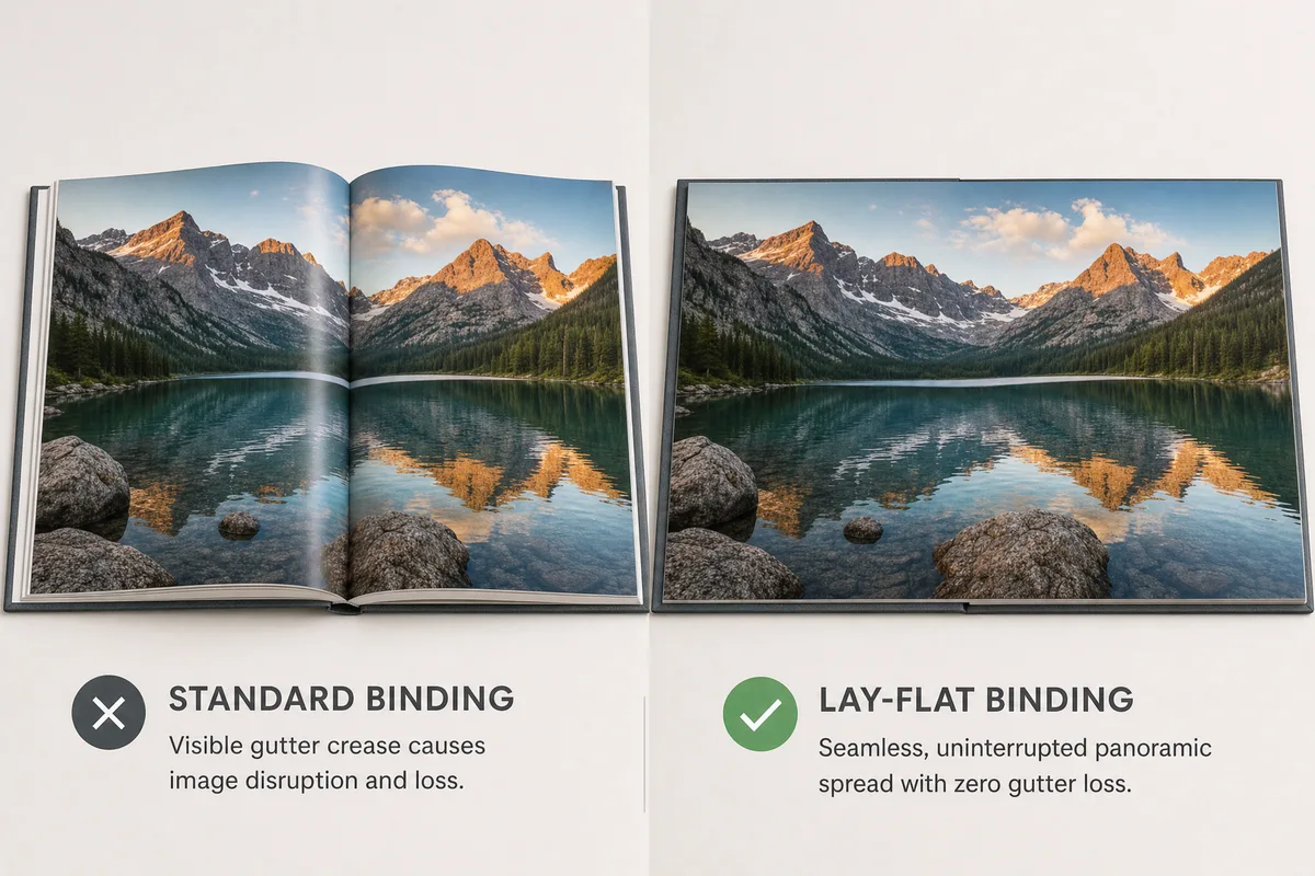 Side-by-side comparison: a standard case-bound book's curved gutter losing part of an image vs. a lay-flat binding showing the full panoramic spread without gutter loss