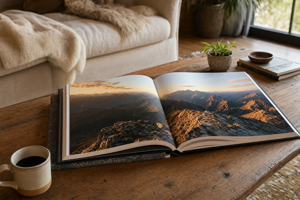 A large-format coffee table photography book open on a table showing a full-bleed landscape image across a double-page spread