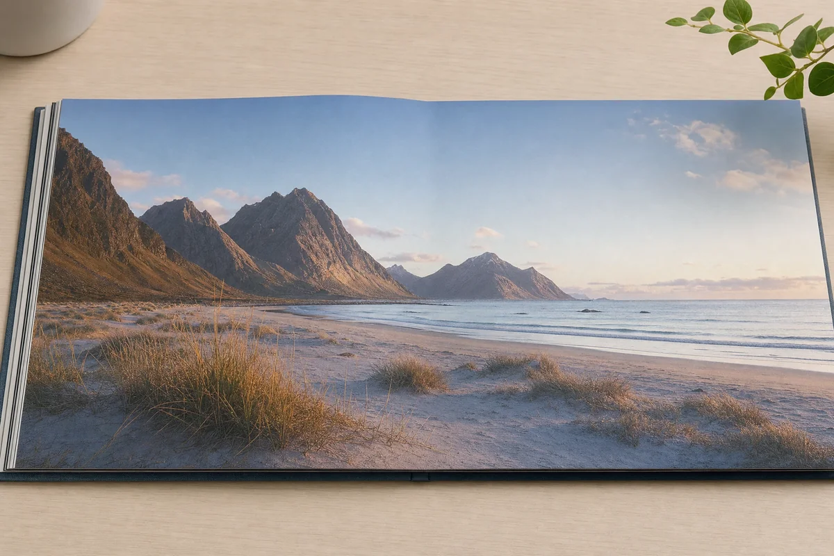 Lay flat book opened at 180 degrees showing seamless double-page photo spread