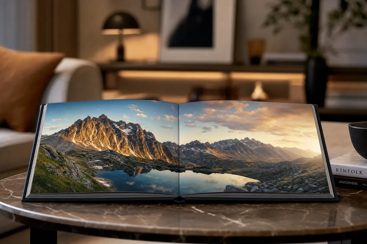 Lay flat photo book with full-bleed landscape image spanning two pages