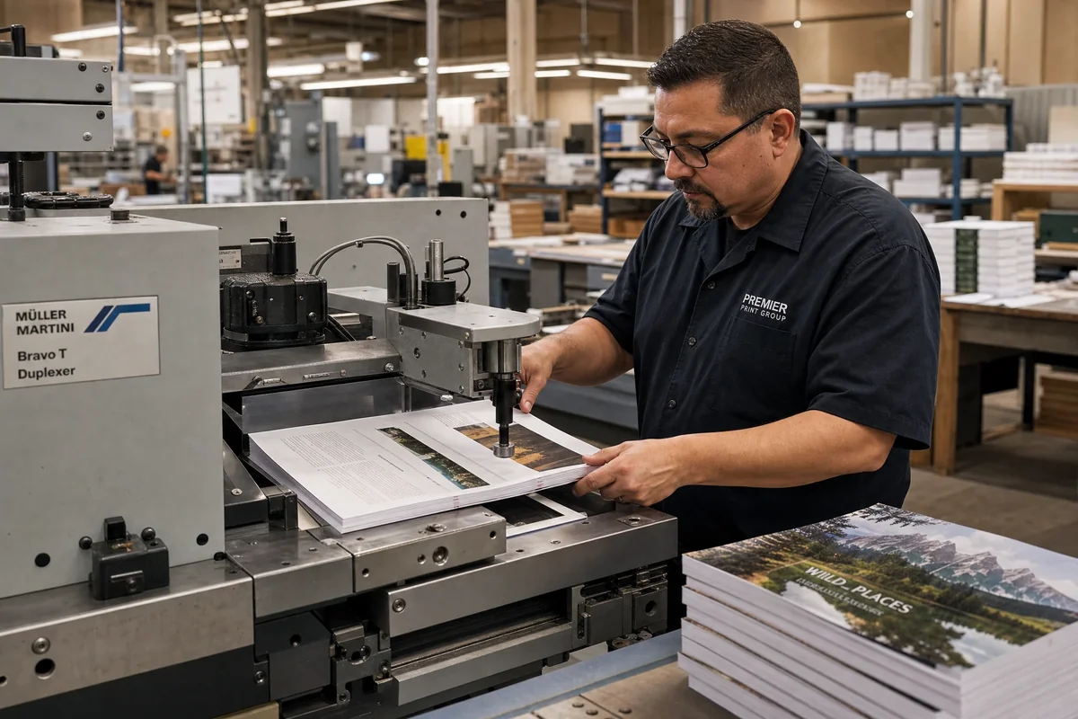 Lay flat book production in a printing facility showing duplexing and binding process