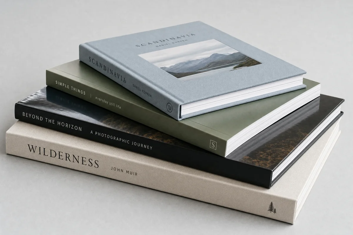 Stack of finished lay flat books with hardcover and softcover variants