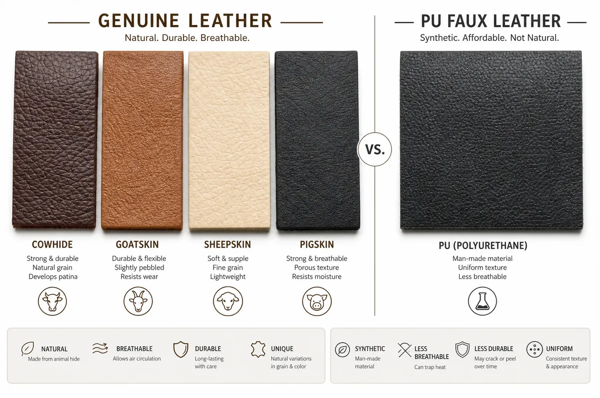 Side-by-side comparison of genuine leather and PU leather book covers showing grain texture differences