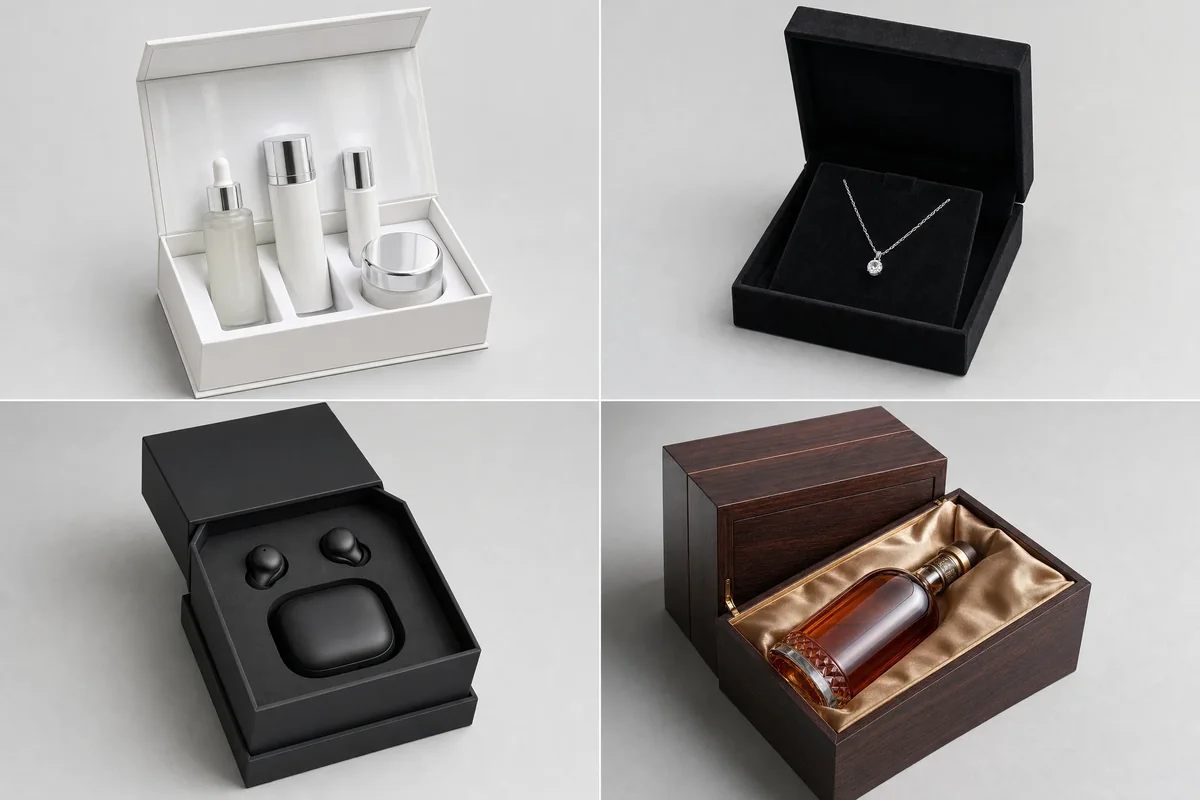 Examples of magnetic closure boxes across four industries: cosmetics, jewellery, electronics, and spirits packaging