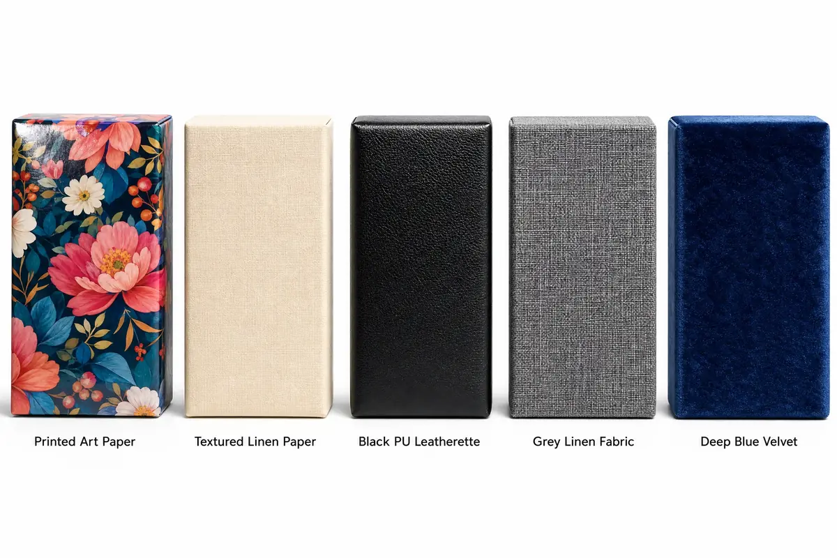 Side-by-side samples of magnetic box exterior wrap materials: art paper, textured paper, leatherette, linen, and velvet finishes
