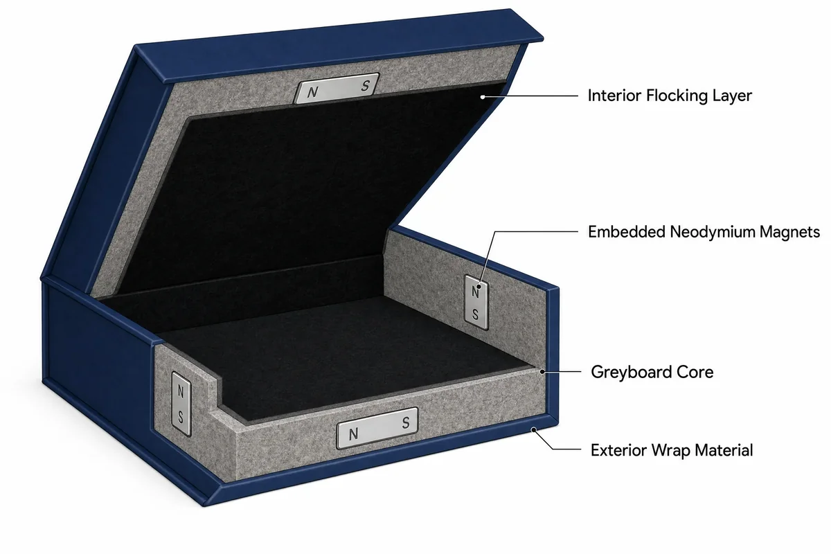 Cross-section diagram showing the four layers of a magnetic closure box: greyboard core, exterior wrap, embedded magnets, and interior finishing