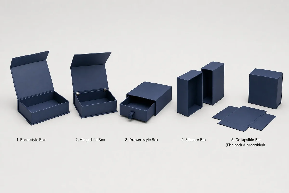 Visual comparison of five magnetic box types: book-style, hinged-lid, drawer-style, slipcase, and collapsible flat-pack formats