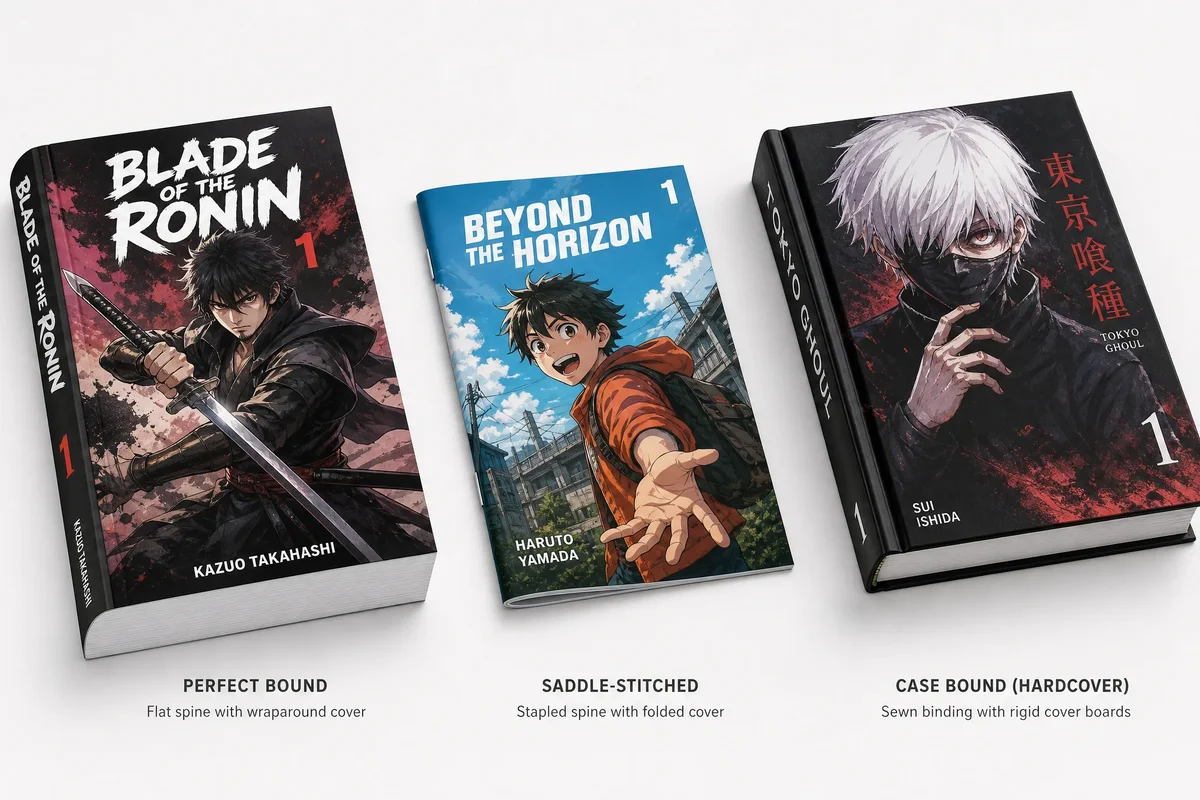 Manga printing binding comparison: perfect binding vs saddle stitch vs hardcover for manga books