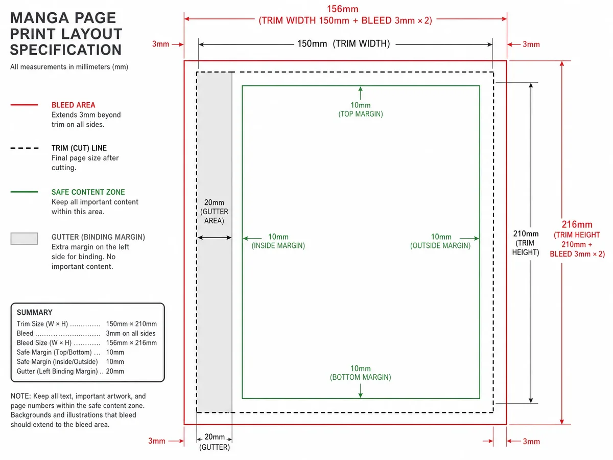 Manga printing file preparation: bleed, trim, safe zone, and CMYK color setup for print-ready artwork