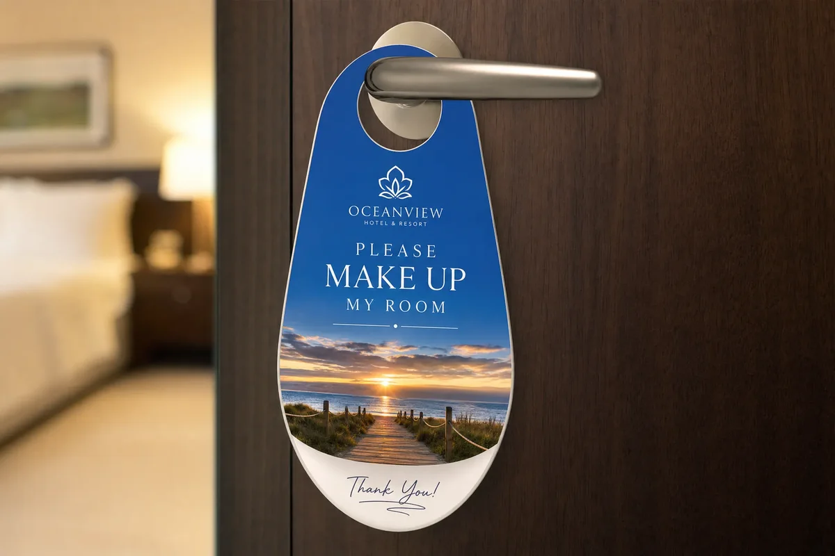 Custom door hanger printing with die-cut knob hole and full-color design
