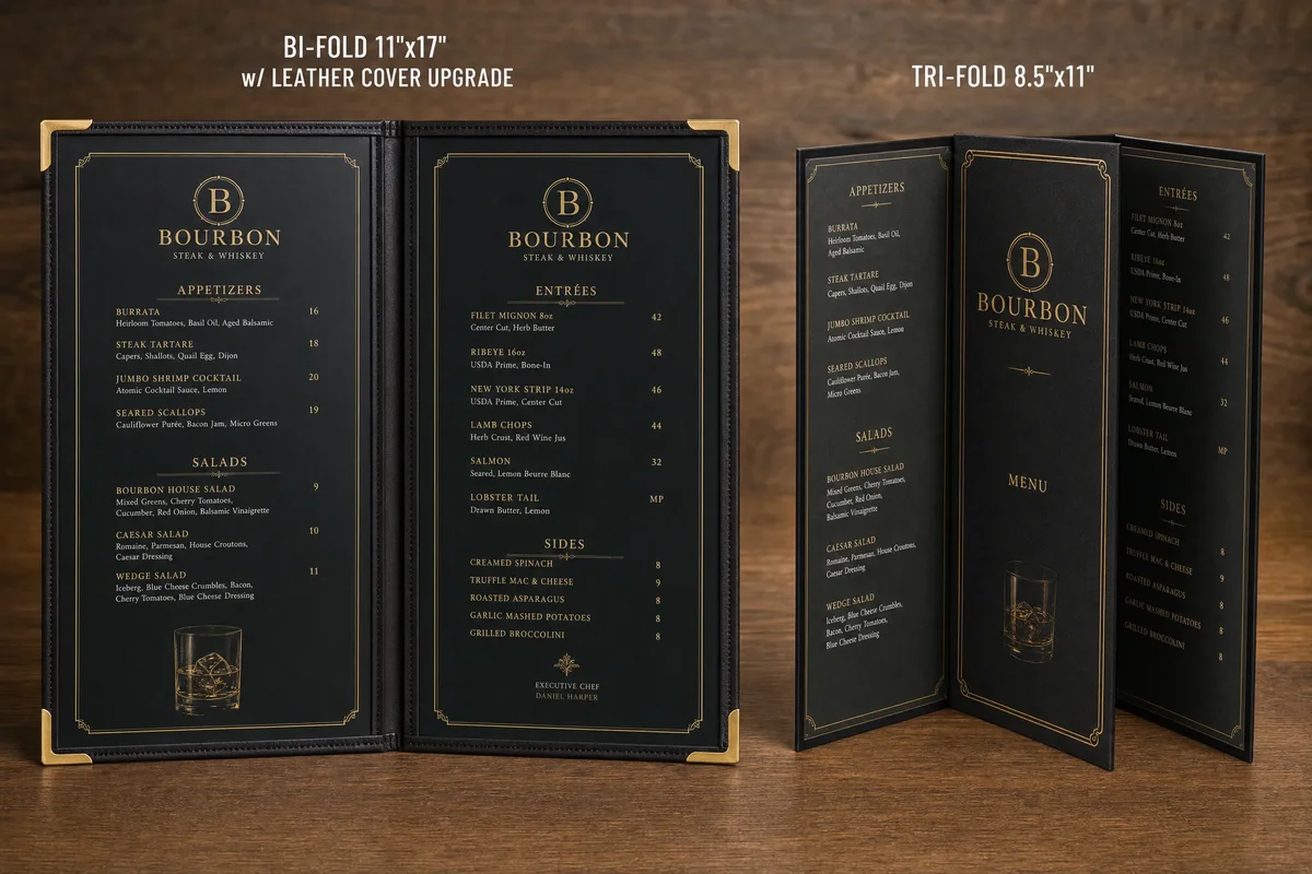 Custom menu printing bi-fold and tri-fold restaurant menu styles