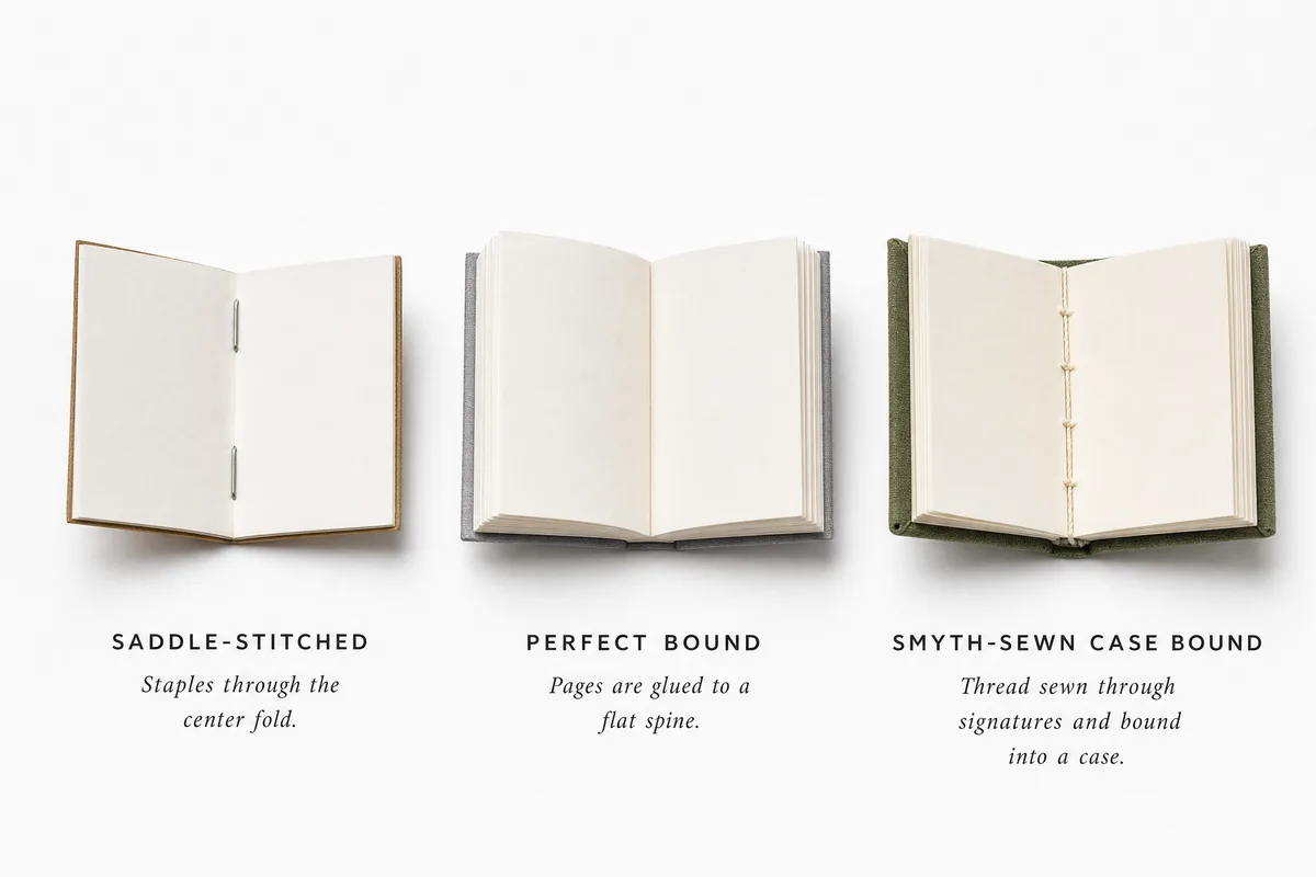Three mini books displayed showing different binding methods: saddle-stitched, perfect bound, and Smyth-sewn case bound at miniature scale