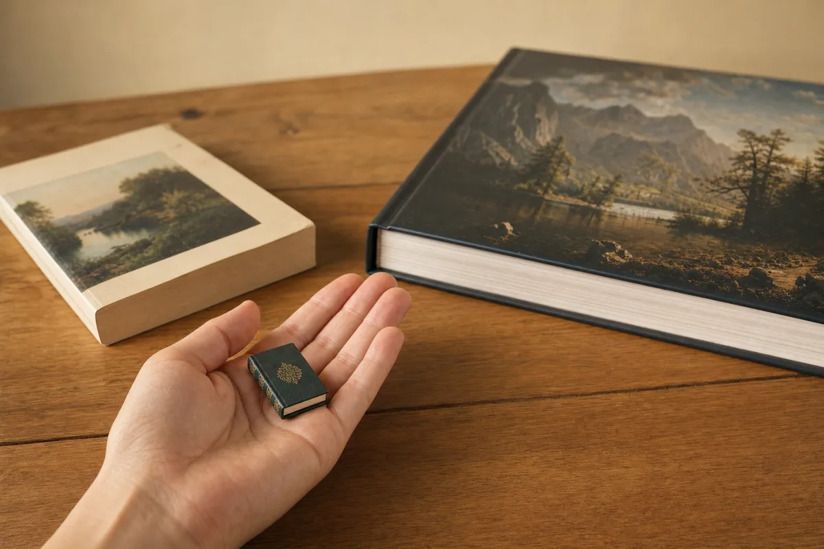 A mini book in an open palm next to a standard paperback and a coffee table book for scale comparison