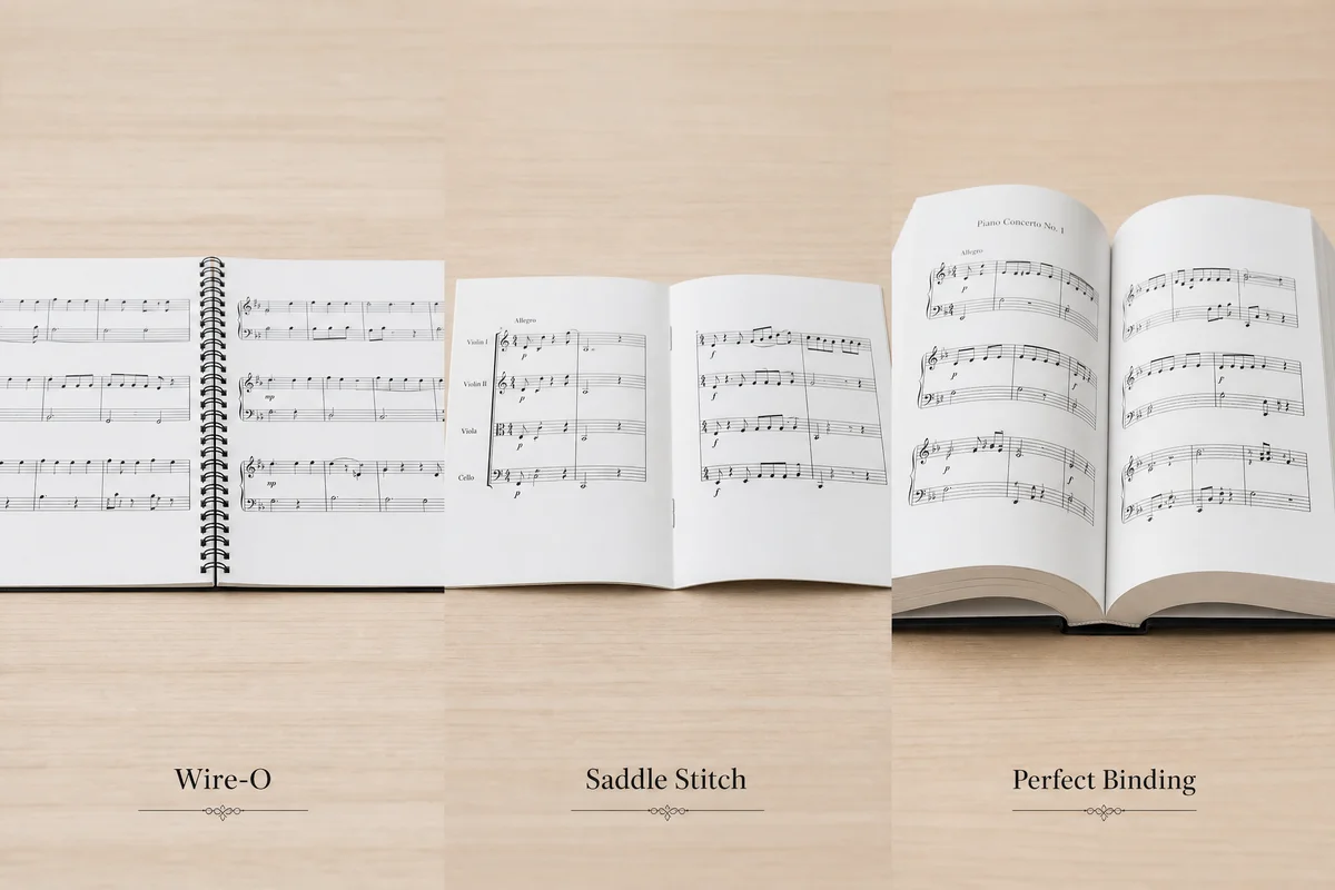 Three music score binding styles compared: Wire-O binding lying completely flat, saddle-stitched booklet, and perfect-bound score