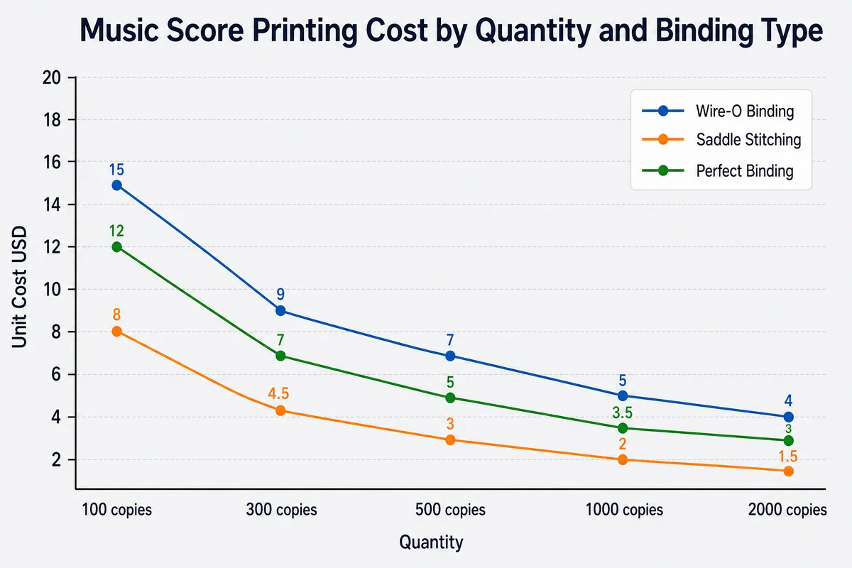 Cost comparison chart showing unit price ranges for music score printing at 100, 300, 500, 1000, and 2000 copies