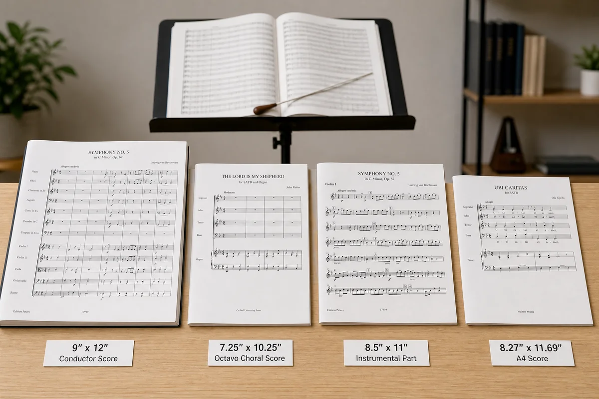 Music score trim size comparison showing full orchestral score 9×12, octavo 7.25×10.25, instrumental part 8.5×11, and A4 sizes with a conductor score open on a music stand